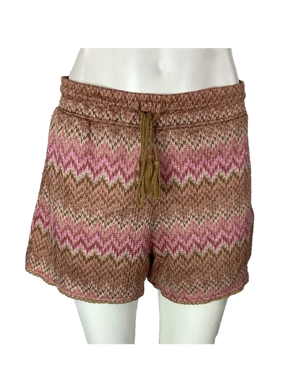 House of Harlow 1960 Sz M Chevron Knit Retro Look Drawstring Shorts Tan Pink
